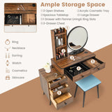 Vanity Table Set with 3-Colour Round Mirror and Charging Station-Brown