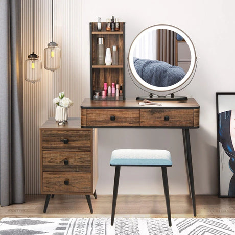 Vanity Table Set with 3-Colour Round Mirror and Charging Station-Brown