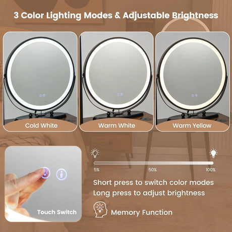 Vanity Table Set with 3-Colour Round Mirror and Charging Station-Brown