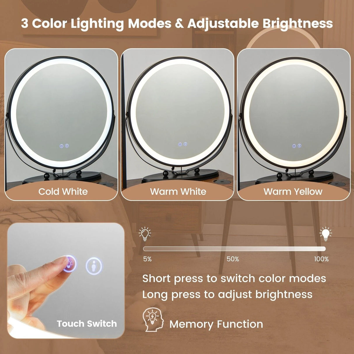 Vanity Table Set with 3-Colour Round Mirror and Charging Station-Brown