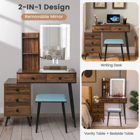 Vanity Table Set with 3-Color LED Lights Mirror and Charging Station-Brown