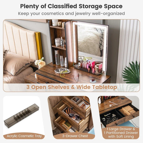 Vanity Table Set with 3-Color LED Lights Mirror and Charging Station-Brown