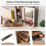 Vanity Table Set with 3-Color LED Lights Mirror and Charging Station-Brown