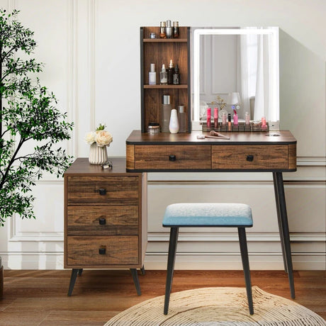 Vanity Table Set with 3-Color LED Lights Mirror and Charging Station-Brown