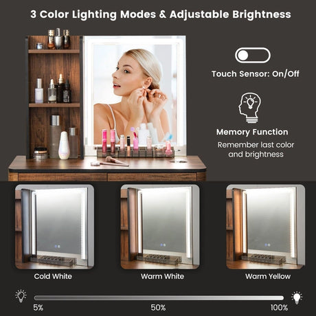 Vanity Table Set with 3-Color LED Lights Mirror and Charging Station-Brown
