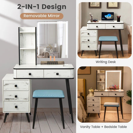 Vanity Table Set with 3-Color LED Lights Mirror and Charging Station-White