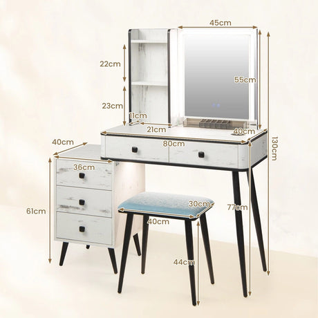 Vanity Table Set with 3-Color LED Lights Mirror and Charging Station-White