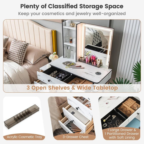 Vanity Table Set with 3-Color LED Lights Mirror and Charging Station-White
