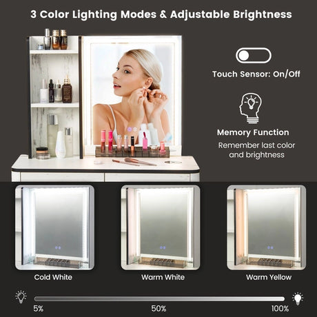 Vanity Table Set with 3-Color LED Lights Mirror and Charging Station-White