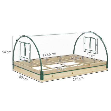 Outsunny Raised Bed with Greenhouse, Wooden Garden Planter Box with PVC Cover, Roll Up Windows, Dual Use for Vegetables, Plants, Flowers, 115 x 80 x 54 cm, Natural Wood Effect