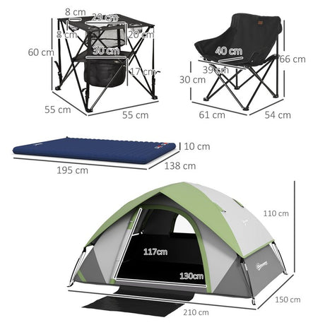 Outsunny Camping Tent with Inflatable Mattress and Camping Table & Chair, 2-3 Person Dome Tent with Sewn-in Groundsheet, Portable 3000mm Waterproof Tent with Carry Bag and Hook, for Fishing Hiking