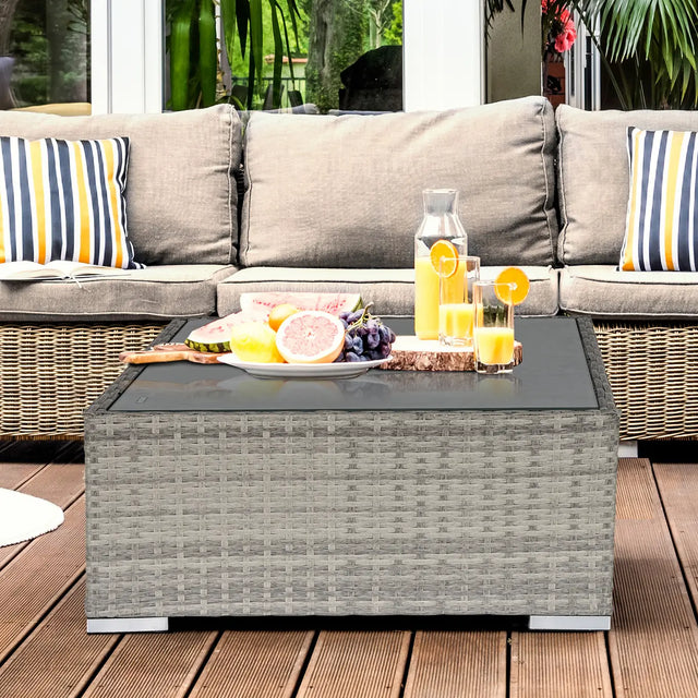Outsunny Square PE Wicker Rattan Table, with Glass Top - Light Grey