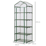 Outsunny 5 Tier Mini Greenhouse, Small Walk-in Greenhouse with Reinforced Plastic Cover, Garden Grow House with Roll Up Door and Shelves, 69 x 49 x 193cm, Green
