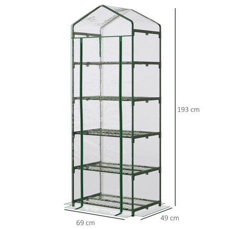 Outsunny 5 Tier Mini Greenhouse, Small Walk-in Greenhouse with Reinforced Plastic Cover, Garden Grow House with Roll Up Door and Shelves, 69 x 49 x 193cm, Green