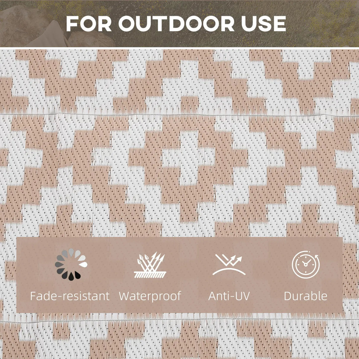 Outsunny Reversible Outdoor RV Rug, Patio Floor Mat, 274 x 182 cm Plastic Straw Rug for Garden, terrace, Beach, Camping, Coffee & White