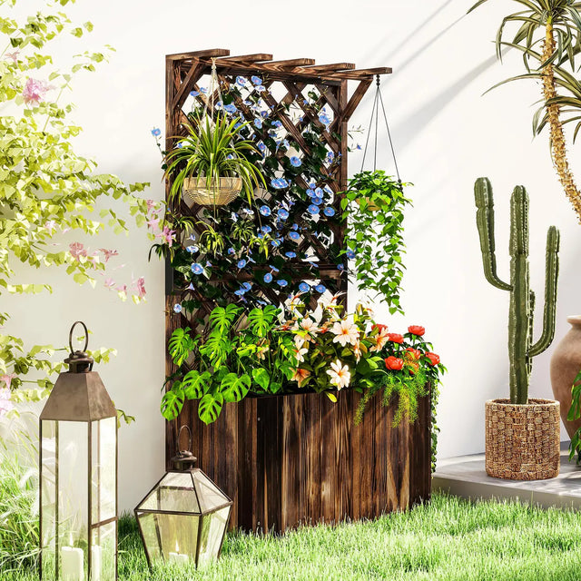 Outsunny Wooden Planter with Trellis, Freestanding Raised Garden Bed with Drainage Holes, Outdoor Planter Box with Liner for Vegetables, Herbs and Flowers, Carbonised