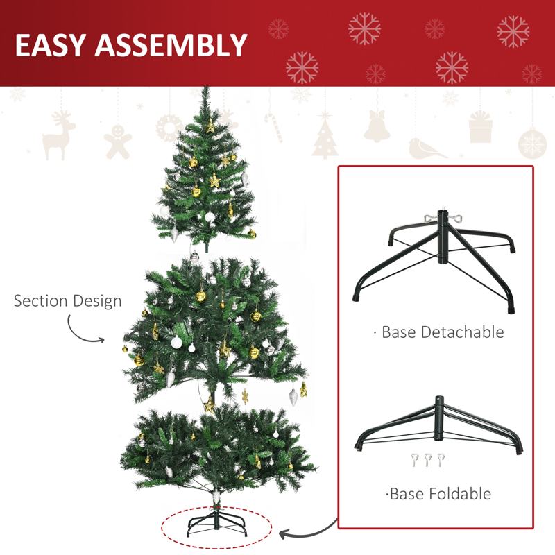 HOMCOM 1.8m 6ft Pre-Lit Artificial Christmas Tree 200 LED Xmas Tree Holiday Décor with Decorative Balls Ornament Metal Stand