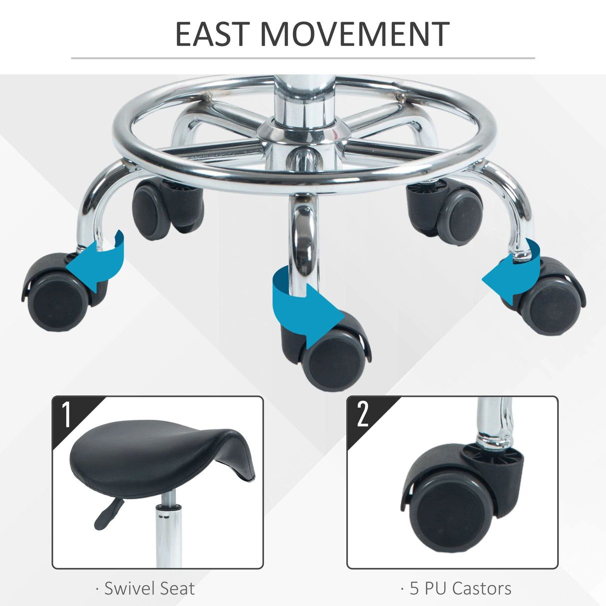 HOMCOM Salon Saddle Stool, Rolling Saddle Chair for Massage, Spa, Clinic, Beauty, Hairdressing and Tattoo, Black