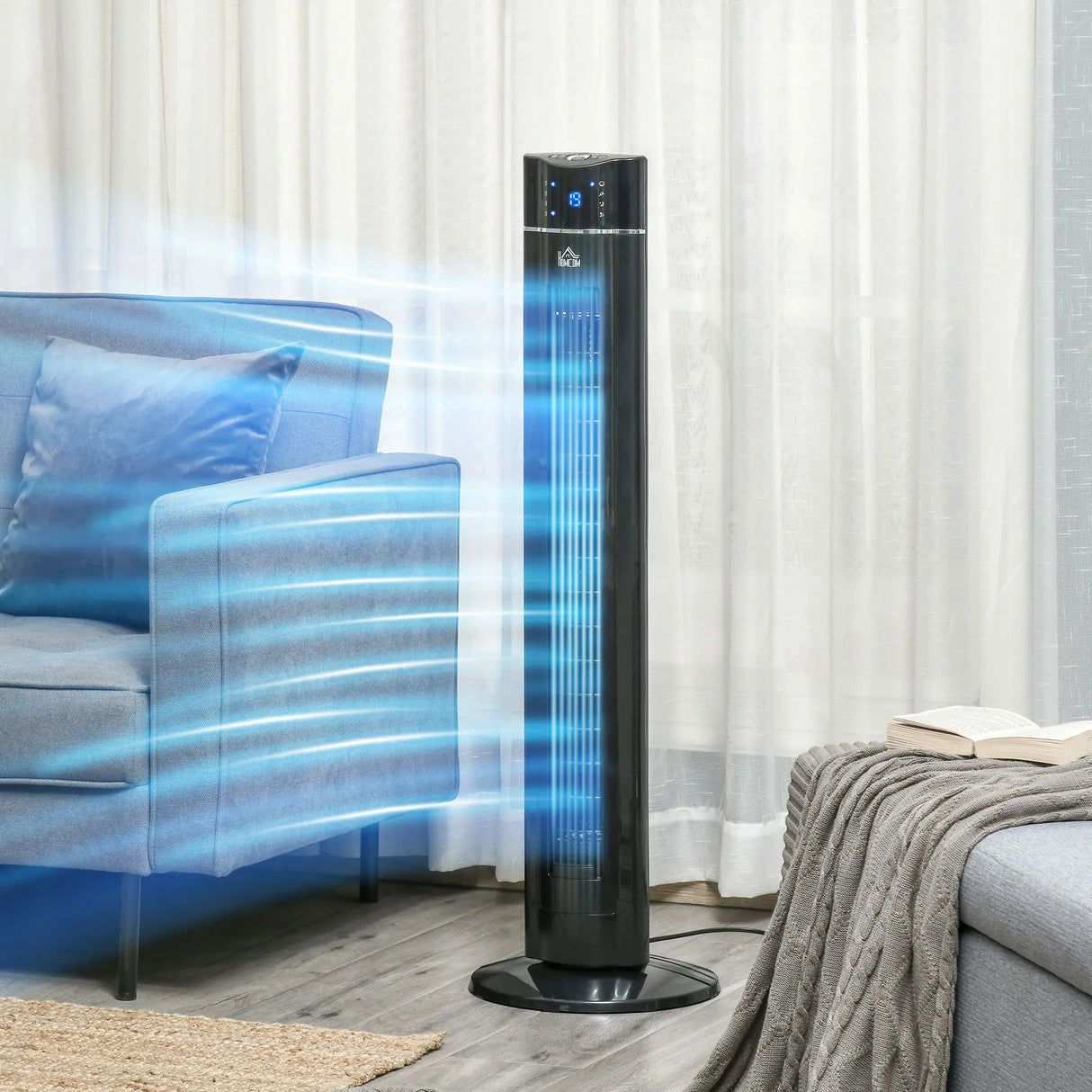 HOMCOM Anion Tower Fan for Bedroom, 42 inch, 6 m/s Powerful Velocity, Standing Floor Fan with 60 Oscillating, 3 Modes, 3 Speeds, 8 Hour Timer, LED Display, Remote Control, Black