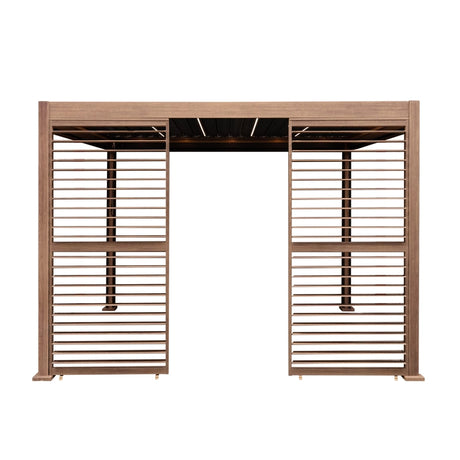 Wood Effect Aluminium Pergola With LED Lights & 2 x Side Panels - 3m x 3m