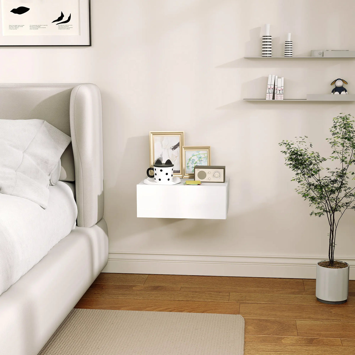 HOMCOM Floating Bedside Table, Wall-Mounted Nightstand with Storage Drawer, Small Side End Table for Bedroom, White
