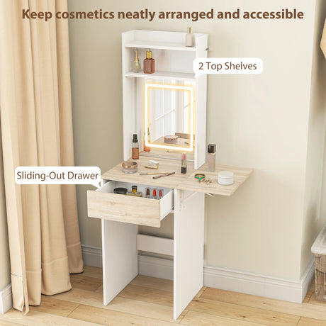 HOMCOM Small Vanity Desk with Mirror and LED Lights, Compact Dressing Table with Drop Leaf, Open Shelves and Drawer, White