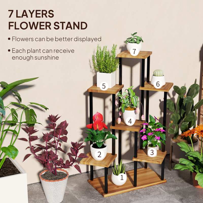 Outsunny 7 Tier Plant Stand Indoor Outdoor, Tiered Corner Steel Wood Plant Shelf for Multiple Plants, Tall Flower Stand Display Rack for Garden Patio Balcony Living Room, Carbonised Finish