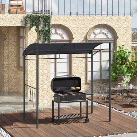 Outsunny 2.2 x 1.5 m BBQ Grill Gazebo Tent, Garden Grill with Metal Frame, Curved Canopy and 10 Hooks, Outdoor Sun Shade, Grey