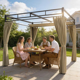 Outsunny 3 x 3 m Pergola with Retractable Roof Canopy and Curtains, UPF30+ Metal Frame Garden Pergola Gazebo Sun Shade, Khaki