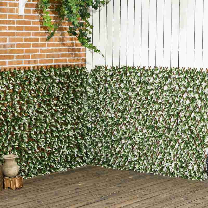 Outsunny 2pc Expanding Garden Trellis, 2 x 1m Faux Decorative Privacy Fence with Artificial Leaves, Privacy Screen Greenery Walls for Garden Balcony, Eucalyptus Leaves