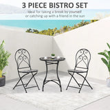 Outsunny 3 Pieces Garden Bistro Set with Coffee Table and 2 Folding Single Chairs, Mosaic Garden Table Top and Seats, Metal Frame, for Patio Balcony, Black