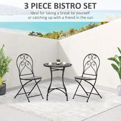 Outsunny 3 Pieces Garden Bistro Set with Coffee Table and 2 Folding Single Chairs, Mosaic Garden Table Top and Seats, Metal Frame, for Patio Balcony, Black
