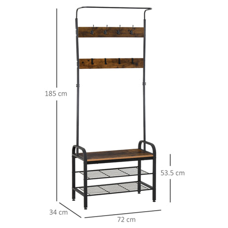 HOMCOM Coat Rack Stand Industrial hallway Shoe Rack Removable Hooks Metal Wood Hangers Storage Cabinet Rustic Brown 72L34W185H(cm)