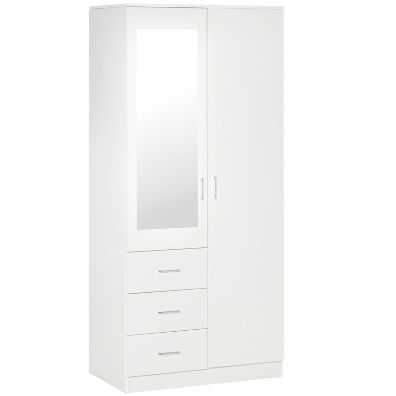 HOMCOM 2 Door 3 Drawer Mirrored Wardrobe with Hanging Rail, Modern Clothes Storage Cupboard with Mirror, Drawers and Adjustable Shelves for Bedroom, 80 x 50 x 180 cm, White
