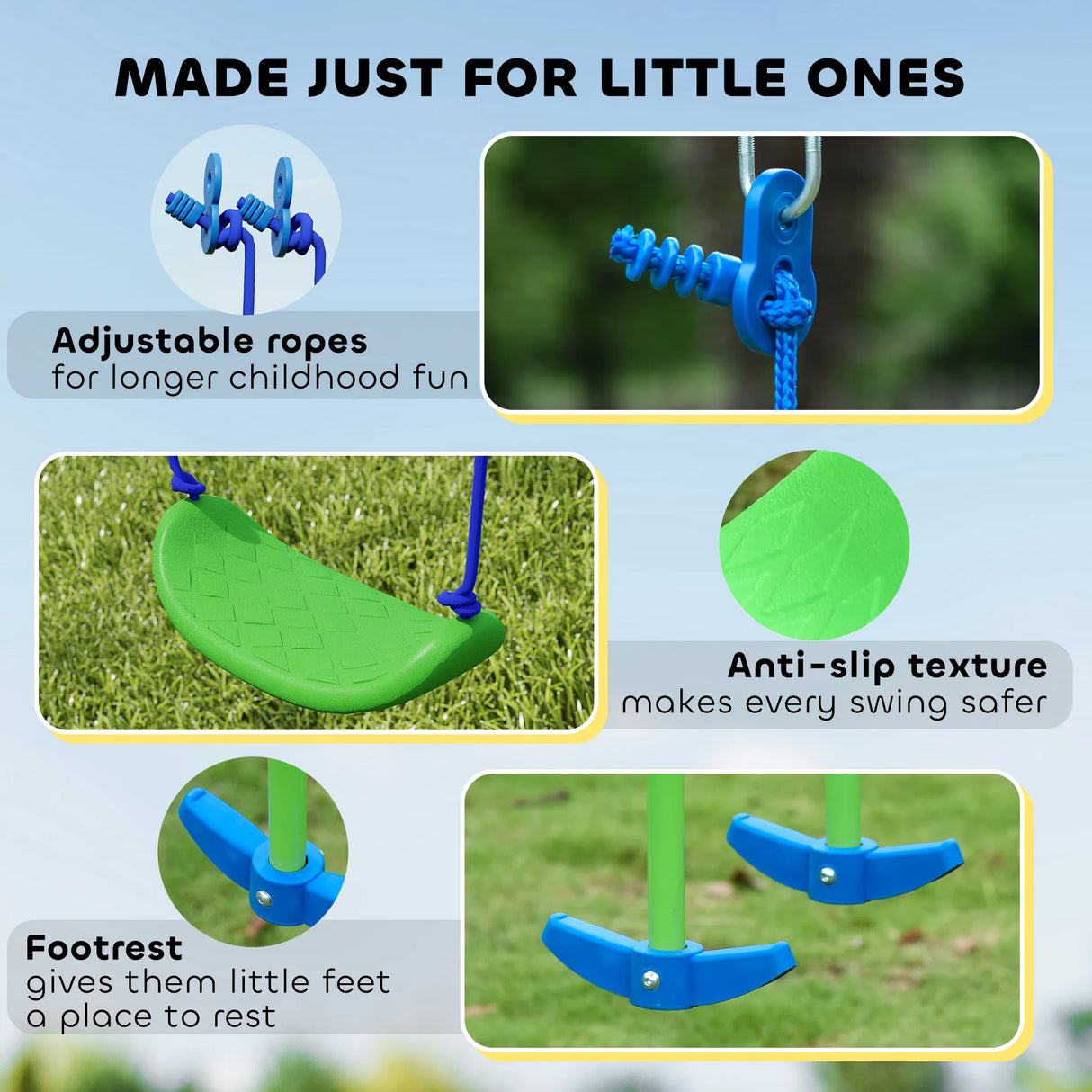 Outsunny Metal Garden Swing Set Height Adjustable Children Outdoor Backyard Play Set for Toddlers Over 3 Years Old, Green