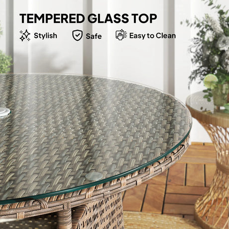 Outsunny Wicker Garden Rattan Table, Patio Furniture Outdoor Coffee Table with Umbrella Hole and Tempered Glass Top, Brown