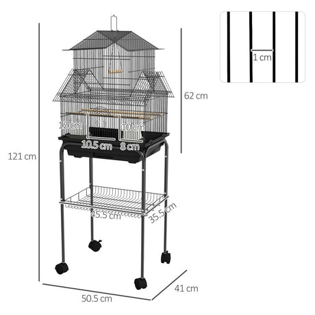 PawHut Metal Bird Cage with Plastic Swing, Perch, Food Container, Tray, Handle, for Finches, Canaries, Budgies, 50.5 x 40 x 63cm