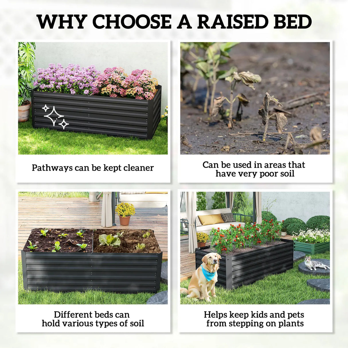 Outsunny Raised Beds for Garden, Galvanised Steel Outdoor Planters with Multi-reinforced Rods, 180 x 90 x 59 cm, Black