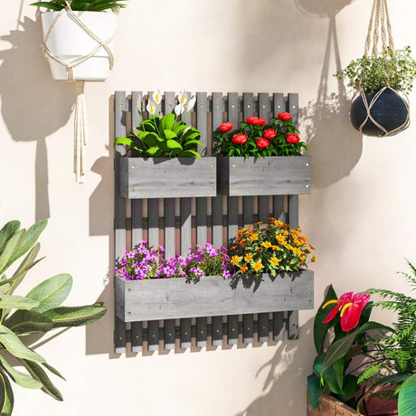 Outsunny Wall-mounted Wooden Garden Planters with Trellis, Drainage Holes and 3 Planter Boxes for Patio, Grey