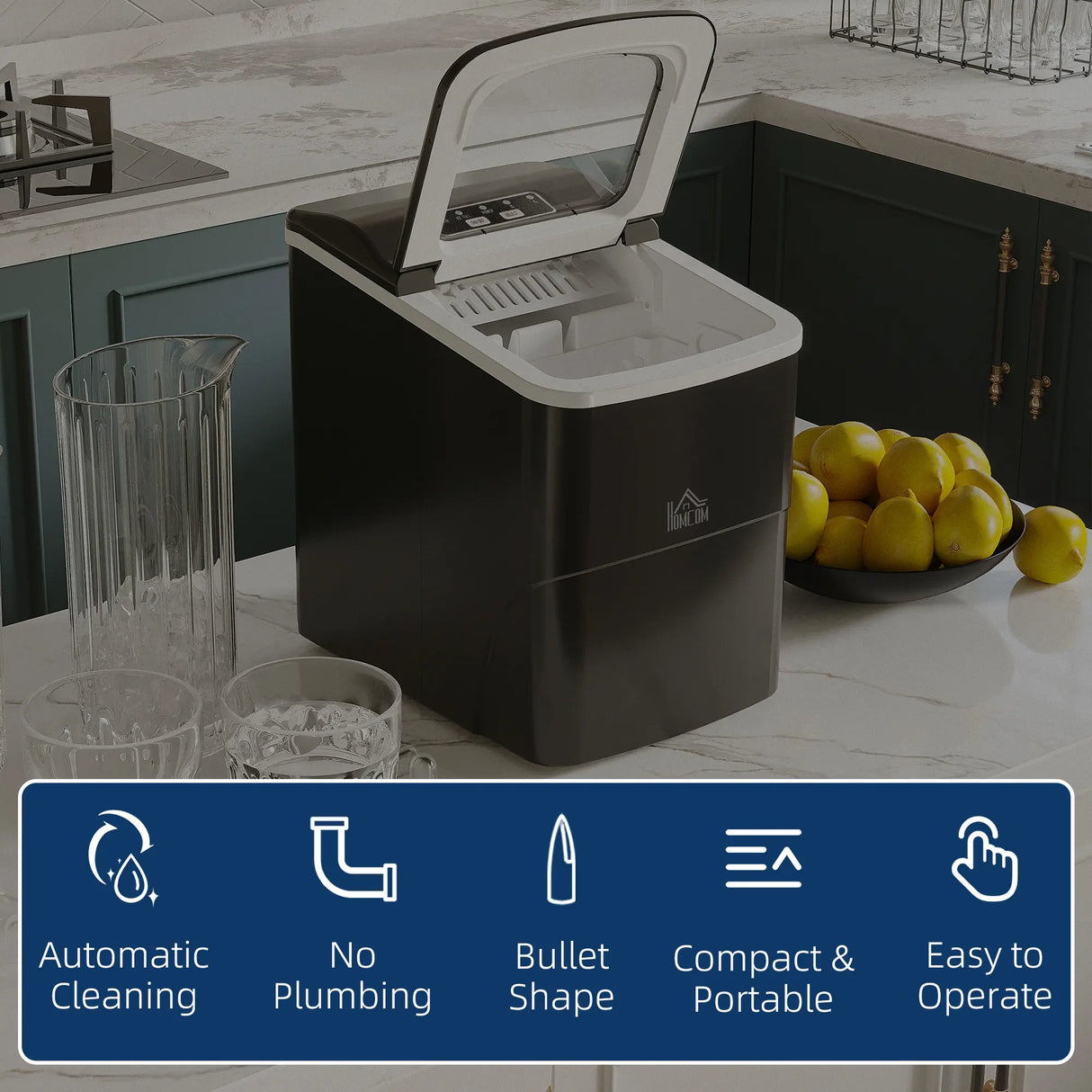 HOMCOM Countertop Ice Machine, 12Kg in 24 Hrs, 9 Cubes Ready in 8 Mins, Portable Ice Cube Maker w/ Self-Cleaning, Adjustable Ice Size, Ice Scoop, Basket for Home, Kitchen, No Plumbing Required, Black
