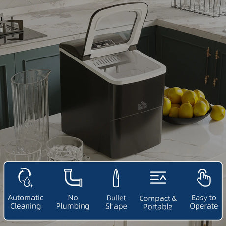 HOMCOM Countertop Ice Machine, 12Kg in 24 Hrs, 9 Cubes Ready in 8 Mins, Portable Ice Cube Maker w/ Self-Cleaning, Adjustable Ice Size, Ice Scoop, Basket for Home, Kitchen, No Plumbing Required, Black