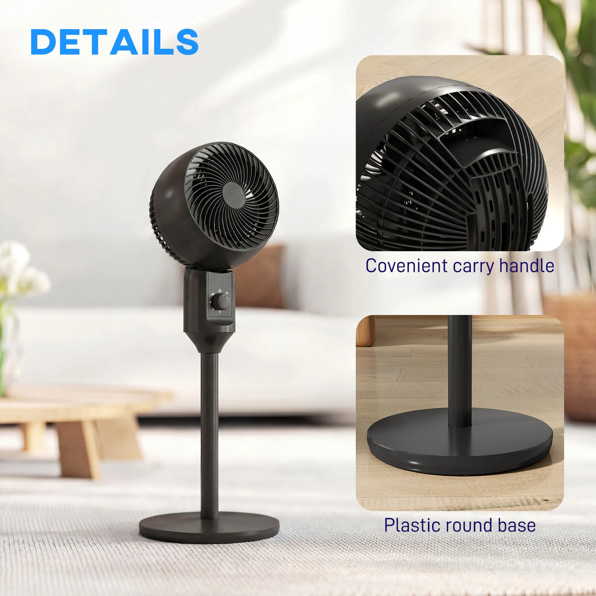HOMCOM Air Circulator Fan Pedestal Cooling Fan with 3 Speed and Carry Handle, 9 Inch, Black