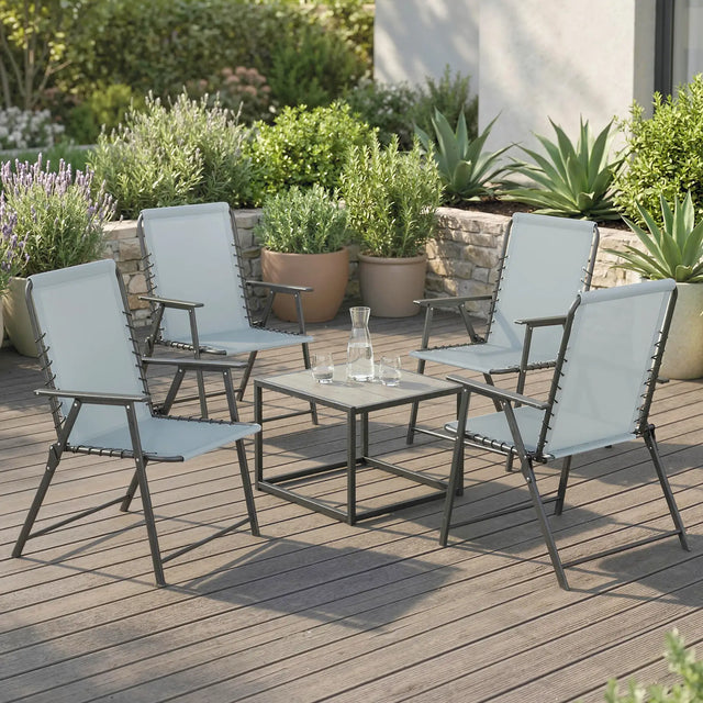 Outsunny Folding Garden Chairs Set of 4, Outdoor Dining Chairs with Wide Texteline Seat, High Back and Armrests, Light Grey