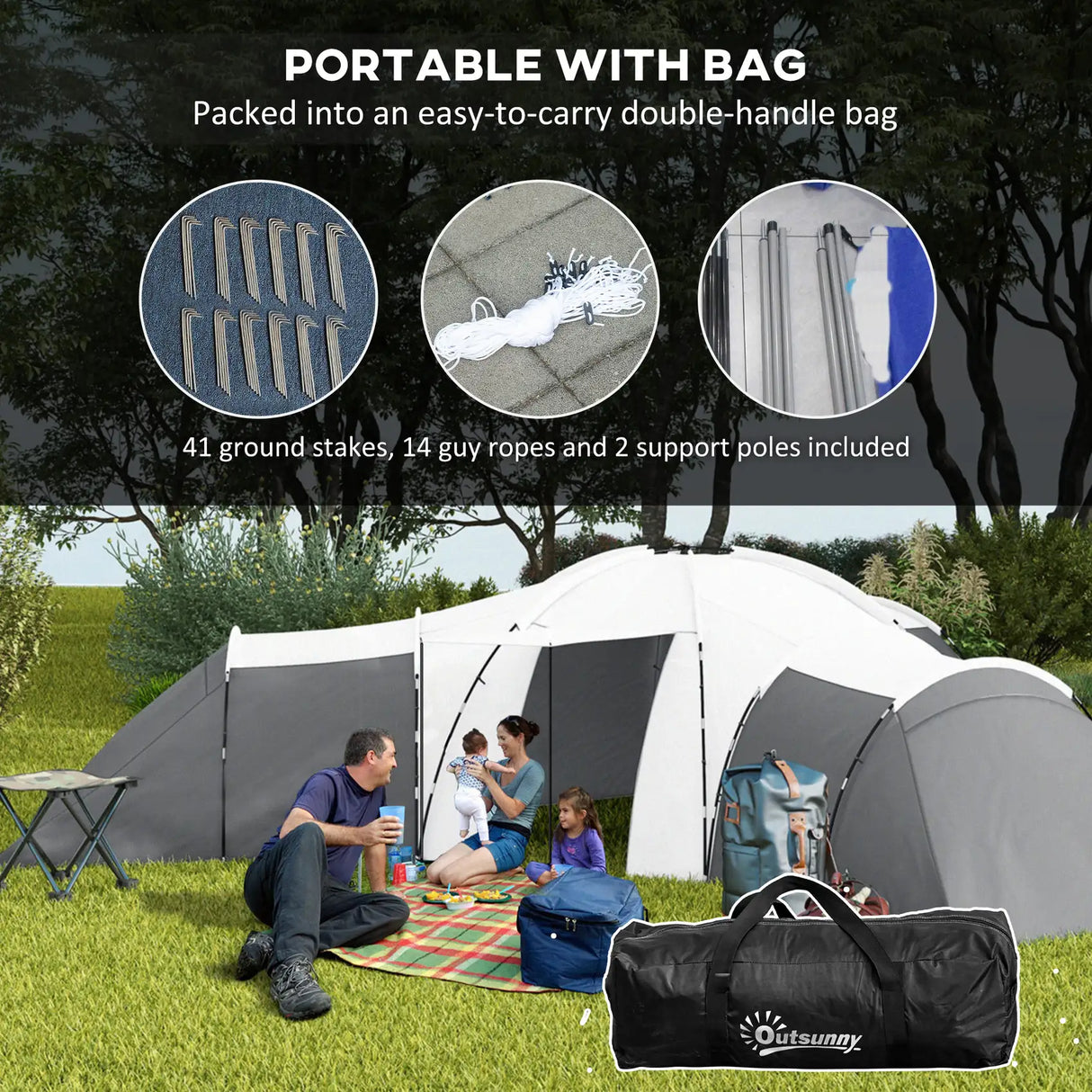 Outsunny 6-9 Man Tent with Bedrooms and Living Room, Accessories Included, Dark Grey