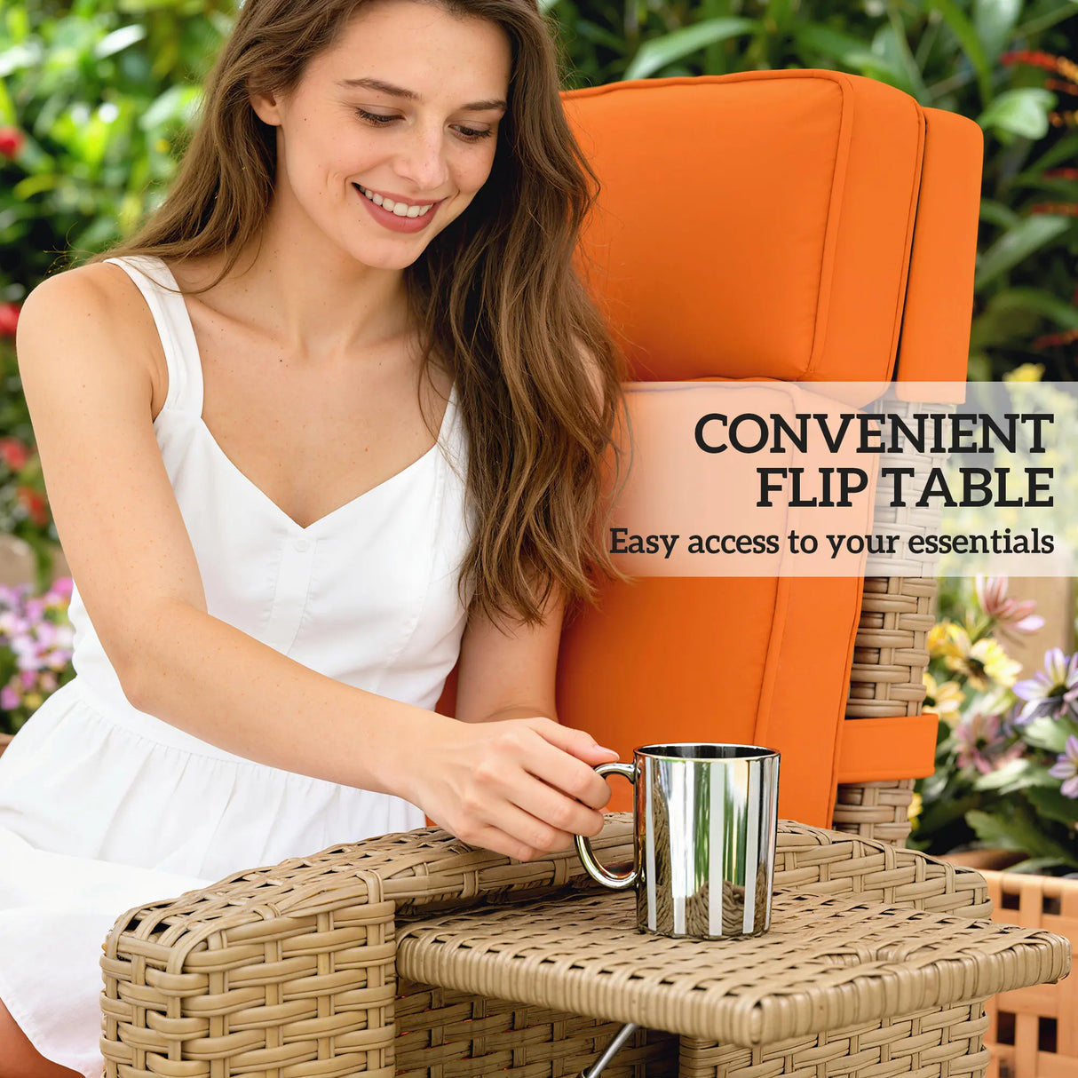 Outsunny 145 Reclining Rattan Armchair, with Footrest - Khaki/Orange