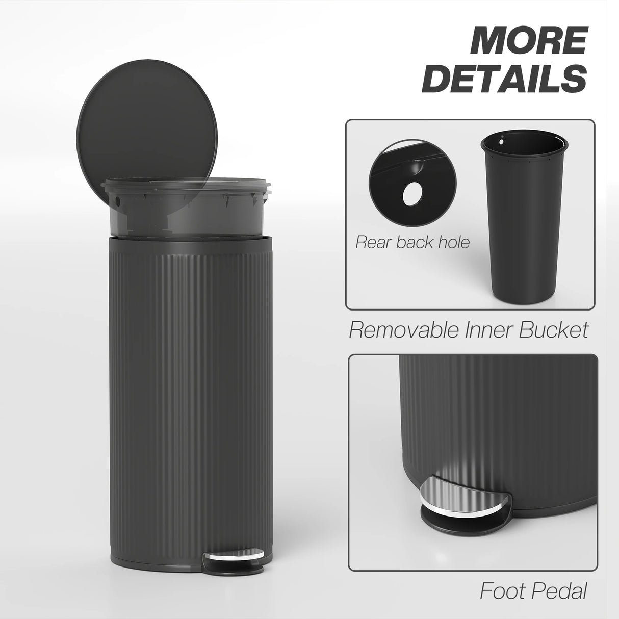 HOMCOM 30 Litre Pedal Kitchen Bin with Soft Close and Stay Open Lid, Rubbish Bin with Removable Inner Bucket for Kitchen, Office, Home, Black