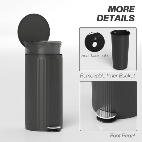 HOMCOM 30 Litre Pedal Kitchen Bin with Soft Close and Stay Open Lid, Rubbish Bin with Removable Inner Bucket for Kitchen, Office, Home, Black