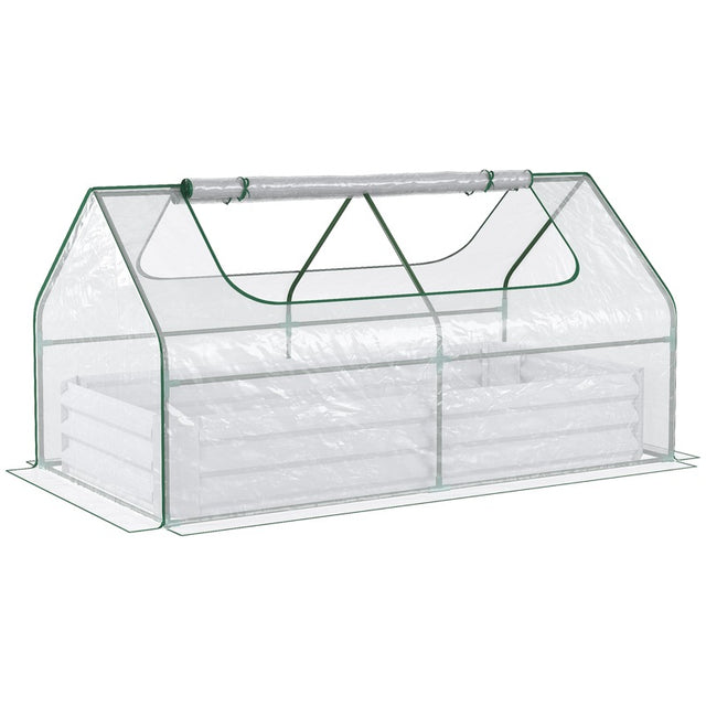 Outsunny Raised Garden Bed with Greenhouse, Steel Planter Box with Plastic Cover, Roll Up Window, Dual Use for Flowers, Vegetables, Fruits and Herbs, 185L x 95W x 92H cm, Clear