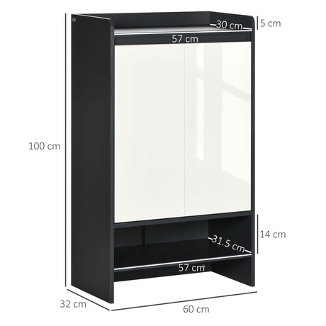 HOMCOM High Gloss Shoe Cabinet with White Doors and Open Shelves, Hallway Shoe Cupboard Storage Organiser for 15 Pairs of Shoes, Grey