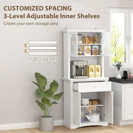 HOMCOM 4-Door Kitchen Cupboard with Drawer, Freestanding Kitchen Cabinet with Glass Doors, Adjustable Shelves and Open Counter, White